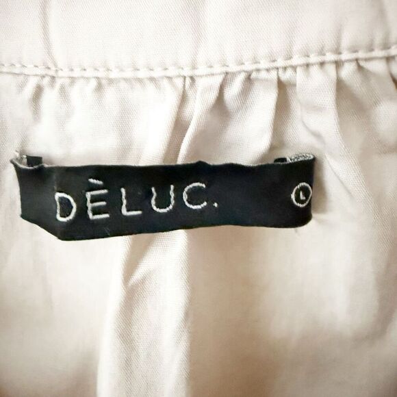 DÈLUC | Beige Light Tan Nude Short Sleeve Collared Pullover Top Blouse | Large - Picture 5 of 8